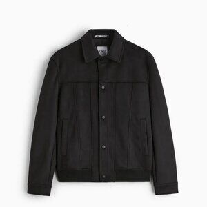 ZARA Men's S Classic Faux Suede Collared Bomber Jacket - Black